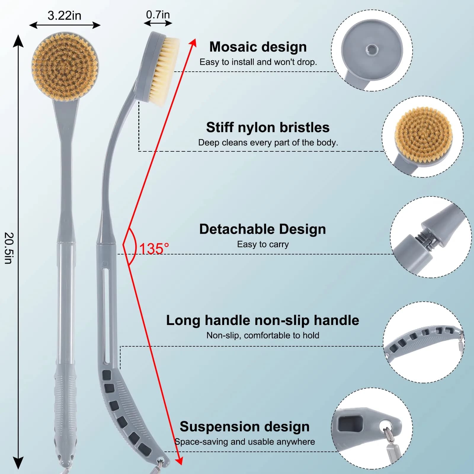 BTideas Long Handle Back Brush 52 cm (20.5") | Natural Stiff Bristles for Exfoliation & Improved Skin Health - view 2
