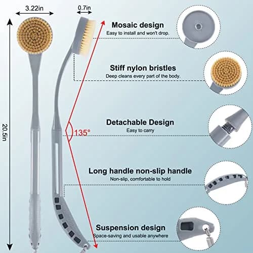 BTideas Long Handle Back Brush 52 cm (20.5") | Natural Stiff Bristles for Exfoliation & Improved Skin Health thumbnail 2
