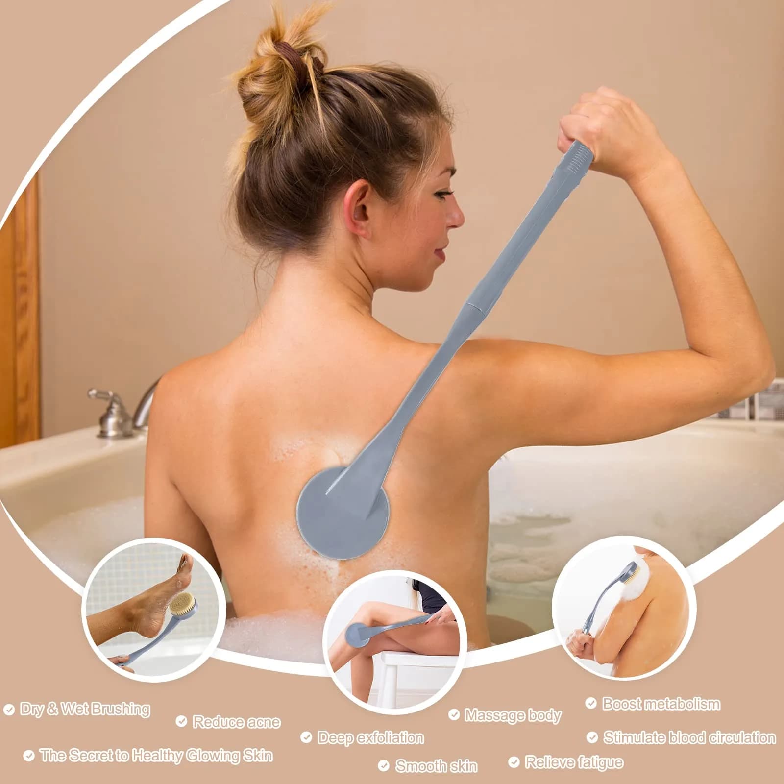 BTideas Long Handle Back Brush 52 cm (20.5") | Natural Stiff Bristles for Exfoliation & Improved Skin Health - view 3