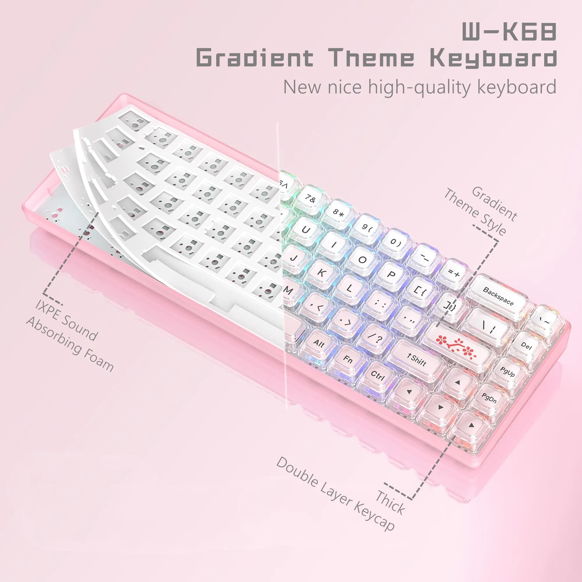 Womier WK68-Pink Mechanical RGB Wired Gaming Keyboard - 61 Keys Hot-Swappable Linear Red Switch, Pink - view 2