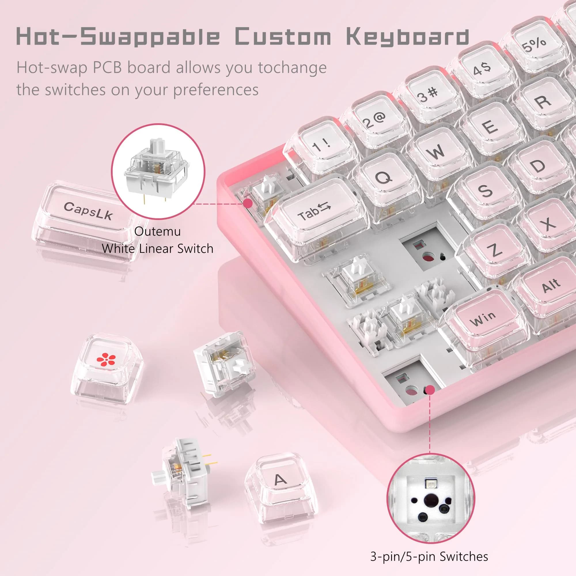Womier WK68-Pink Mechanical RGB Wired Gaming Keyboard - 61 Keys Hot-Swappable Linear Red Switch, Pink - view 3