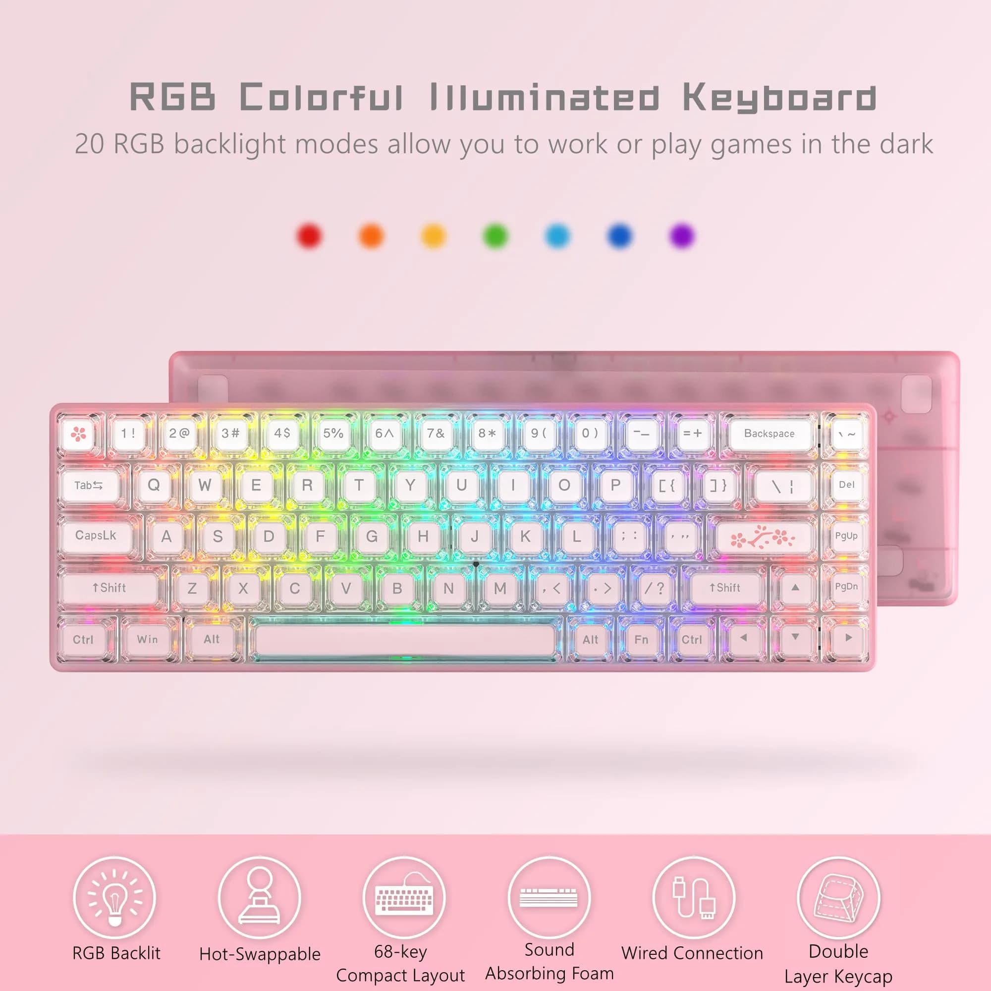 Womier WK68-Pink Mechanical RGB Wired Gaming Keyboard - 61 Keys Hot-Swappable Linear Red Switch, Pink - view 4
