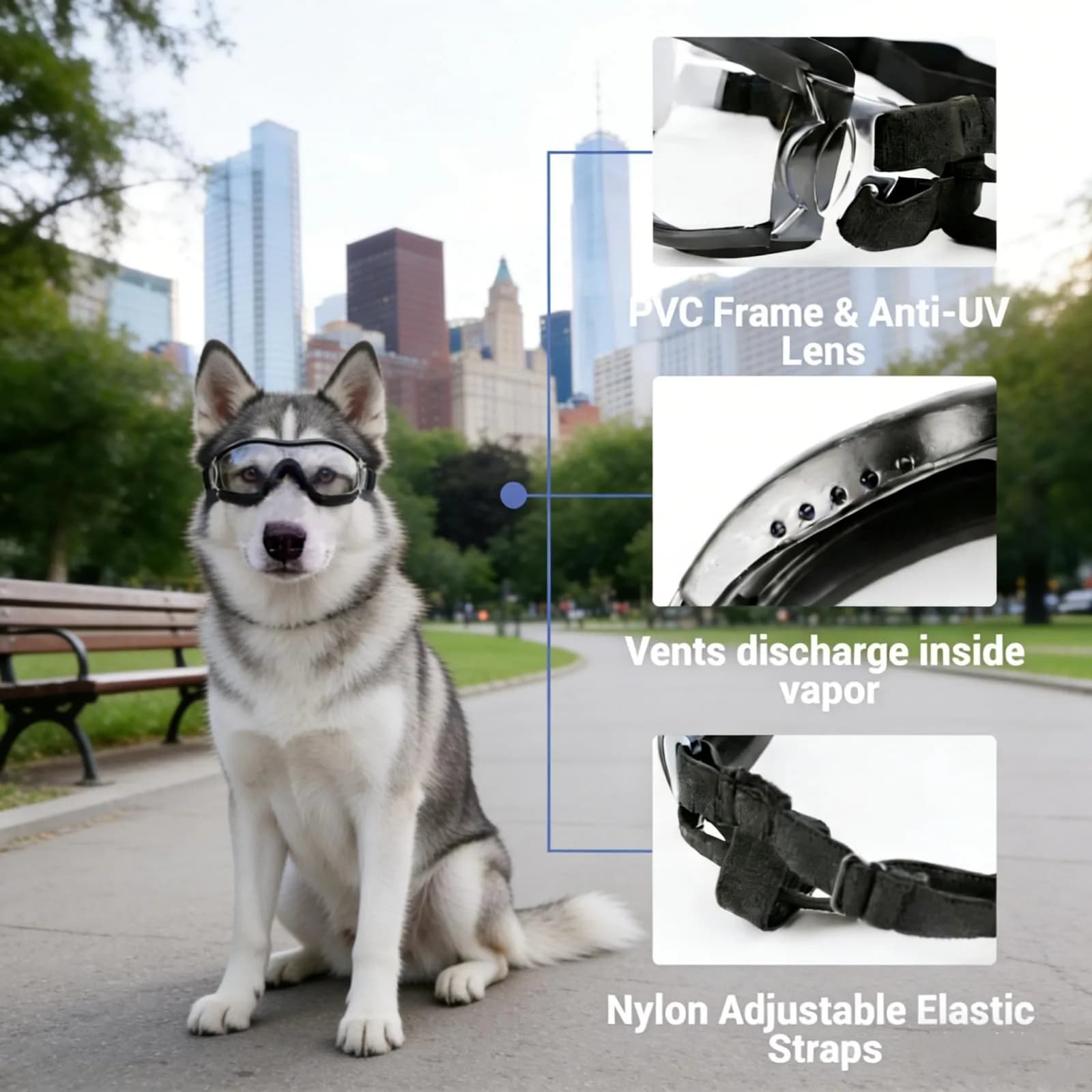 NAMSAN Clear Dog Goggles for Medium to Large Dogs | UV Protection, Windproof, Adjustable Elastic Straps (2-Pair Pack) - view 3