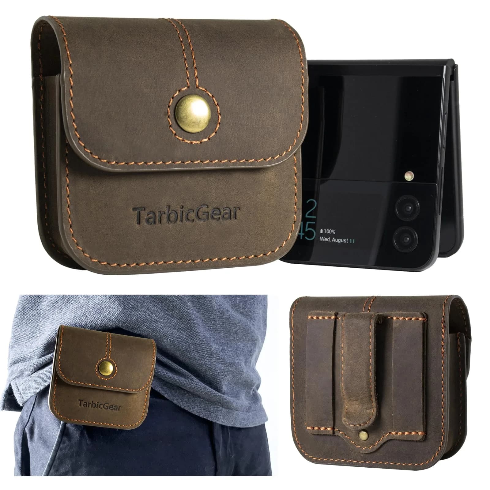TarbicGear Leather Flip Phone Case for TCL Flip 3 | Belt Clip & Card Slot, Brown — L (Inner: 3.9 x 3.3 x 1.18'') - Brown