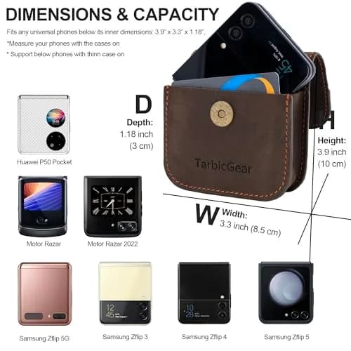 TarbicGear Leather Holster for Samsung Z Flip Series & Motorola Razr, Belt Clip & Card Holder, Brown | 360° Protection thumbnail 4