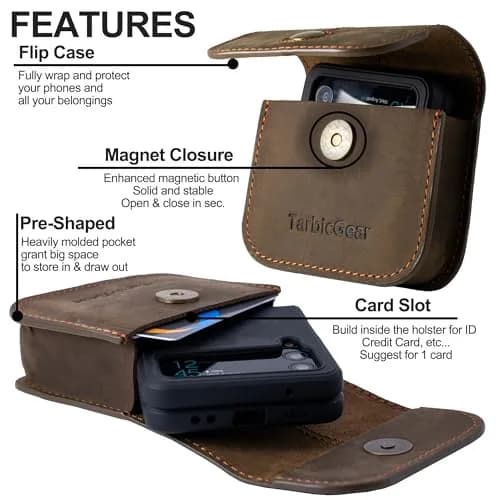 TarbicGear Leather Holster for Samsung Z Flip Series & Motorola Razr, Belt Clip & Card Holder, Brown | 360° Protection thumbnail 5