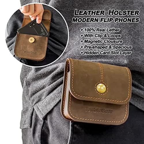 TarbicGear Leather Holster for Samsung Z Flip Series & Motorola Razr, Belt Clip & Card Holder, Brown | 360° Protection thumbnail 2