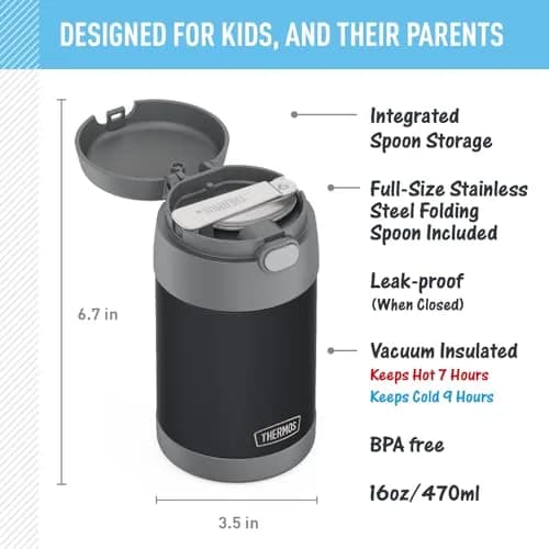 THERMOS FUNTAINER Food Jar with Spoon, 16oz (473ml) Matte Charcoal | Keeps Food Hot 7 Hrs, Cold 9 Hrs thumbnail 2
