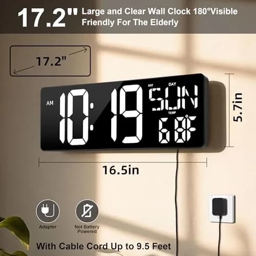 CYMHCHL 17.2" Large LED Digital Wall Clock with Remote & Timer | 43.7 cm (17.2 Inch) White thumbnail 2