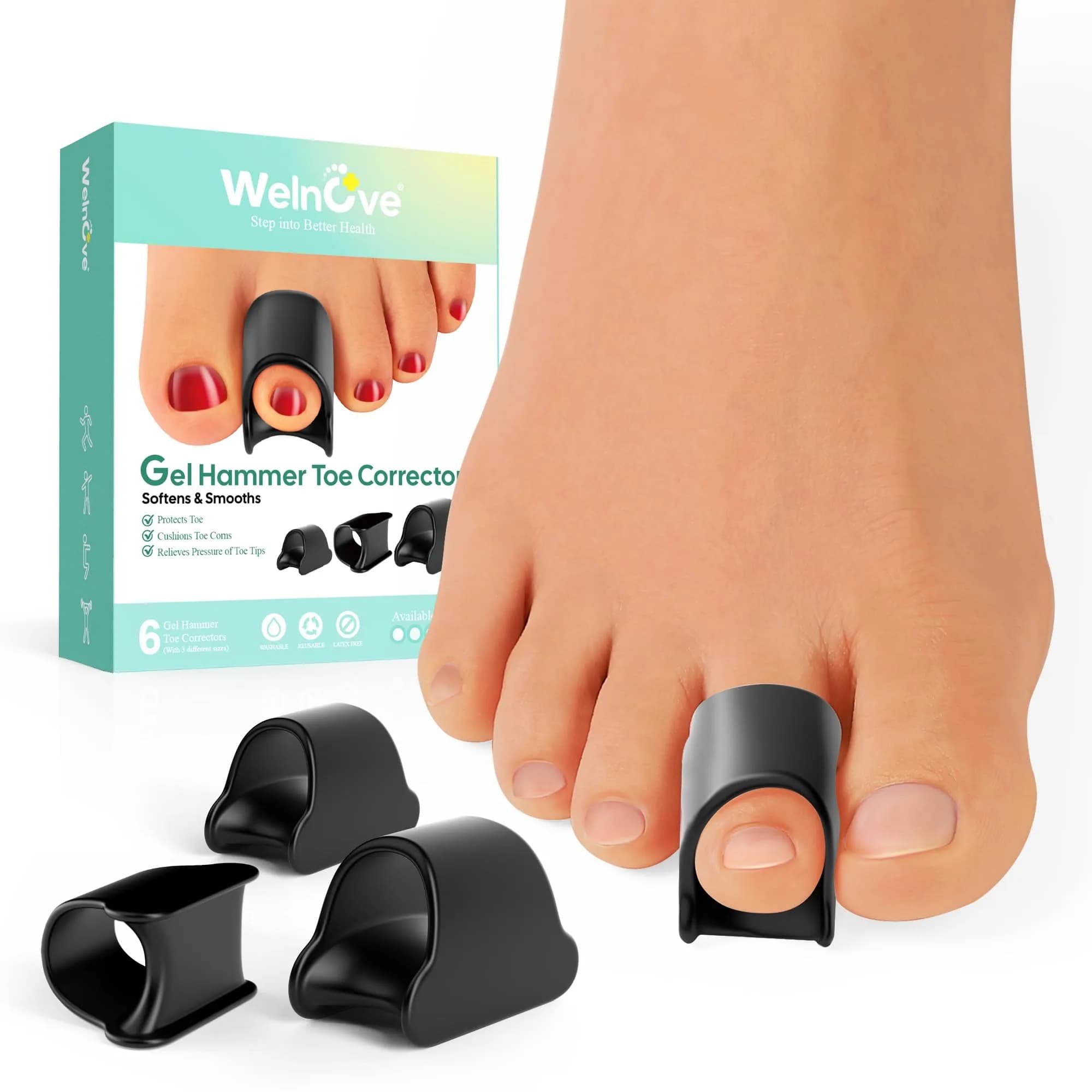 Welnove Gel Toe Straighteners - 6 Pack Soft Gel Toe Splints for Bent, Crooked, Claw Toes - Black | 3 Sizes Included — Black
