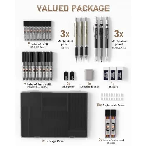 Nicpro Mechanical Pencil Set with 35PCS Art Leads, Erasers & Sharpeners | 0.5/0.7/0.9/2.0mm Fine Point thumbnail 6
