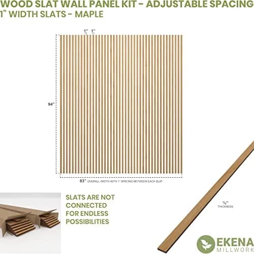 Ekena Millwork 94"H x 1/4"T Maple Wood Slat Wall Panel Kit | Adjustable, Eco-Friendly, DIY Friendly thumbnail 2