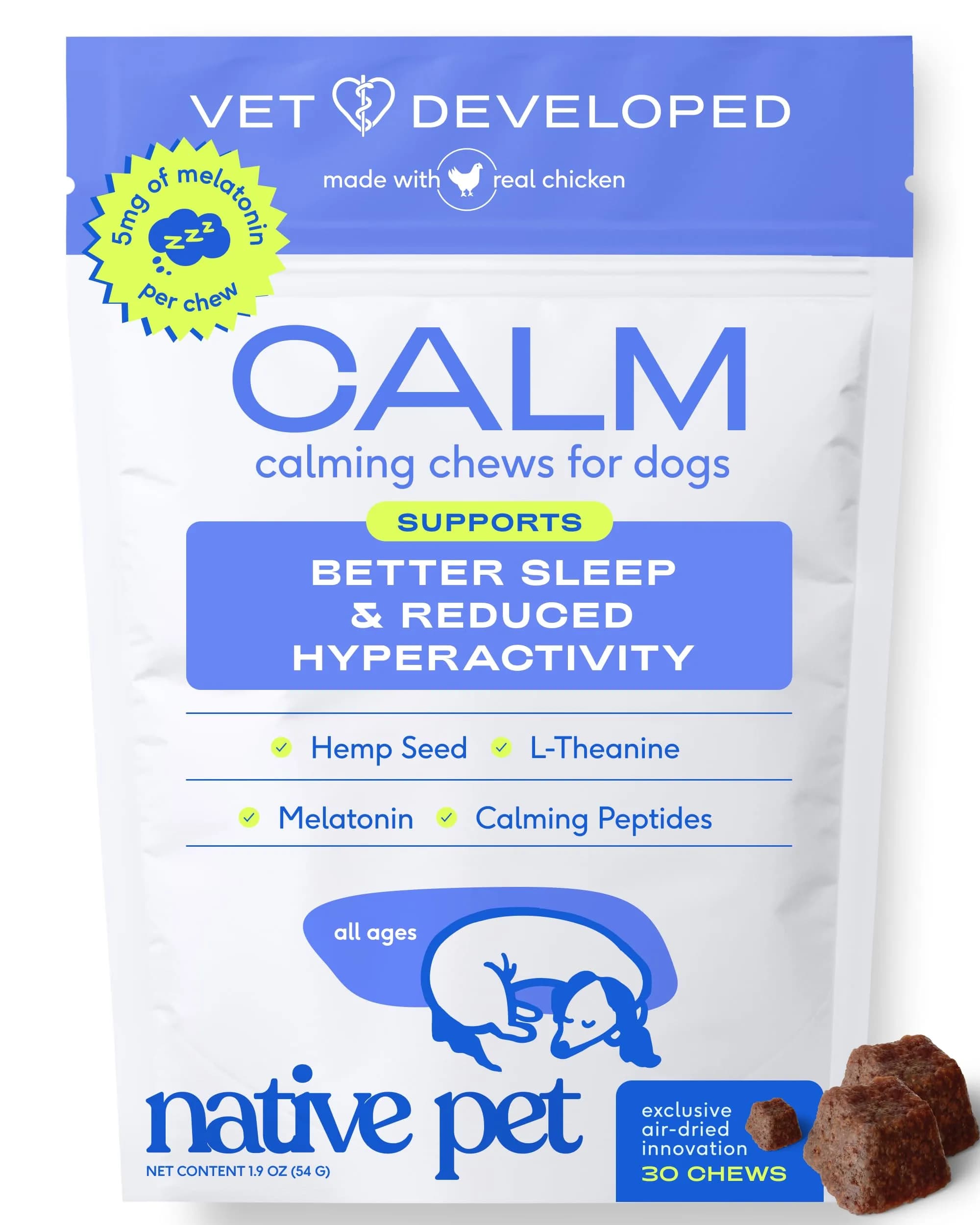 Native Pet Calming Chews for Dogs - Hemp Seed, Melatonin, L-Theanine & Casein - Air-Dried 30 Chews | Supports Emotional Balance & Reduces Hyperactivity - main product image