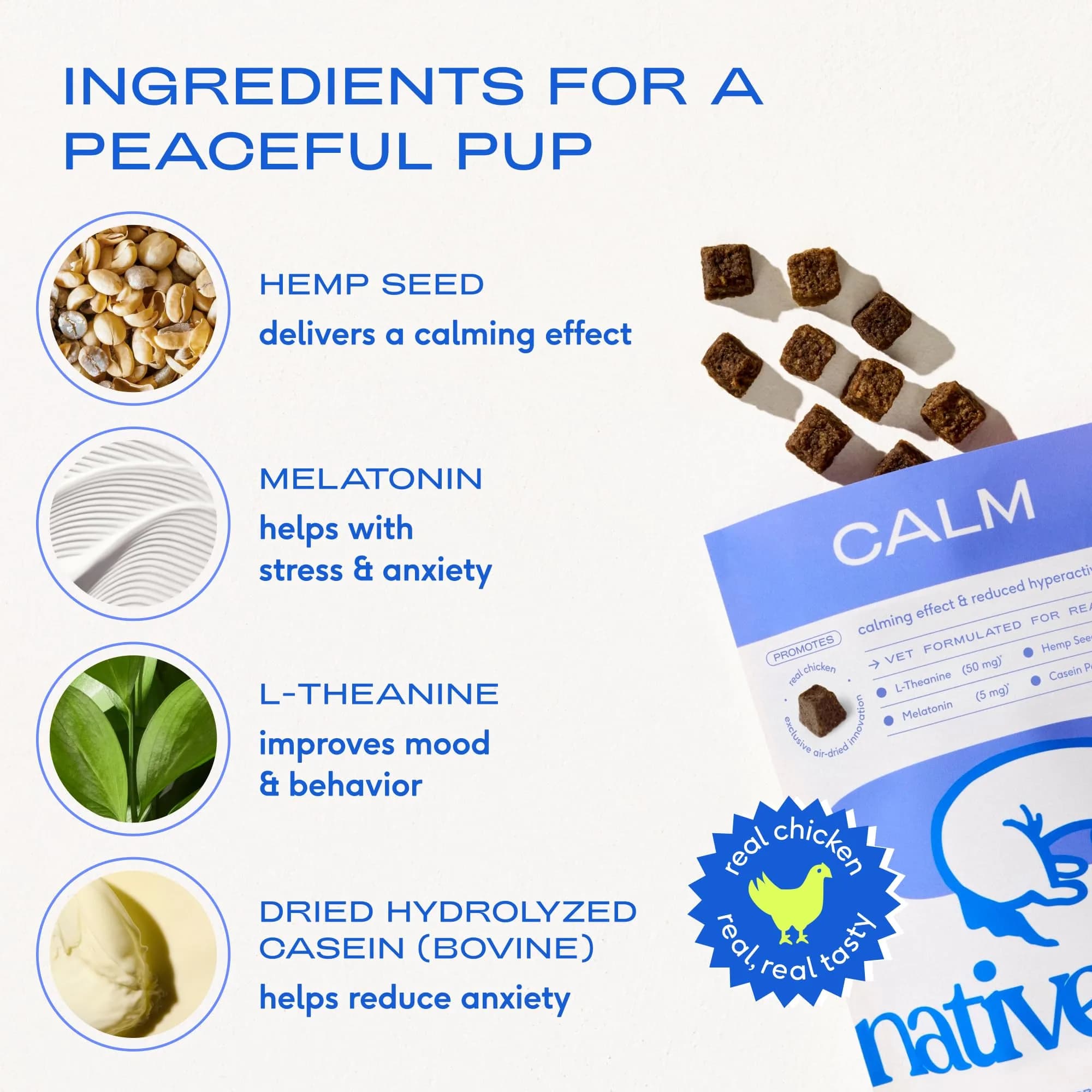 Native Pet Calming Chews for Dogs - Hemp Seed, Melatonin, L-Theanine & Casein - Air-Dried 30 Chews | Supports Emotional Balance & Reduces Hyperactivity - view 3