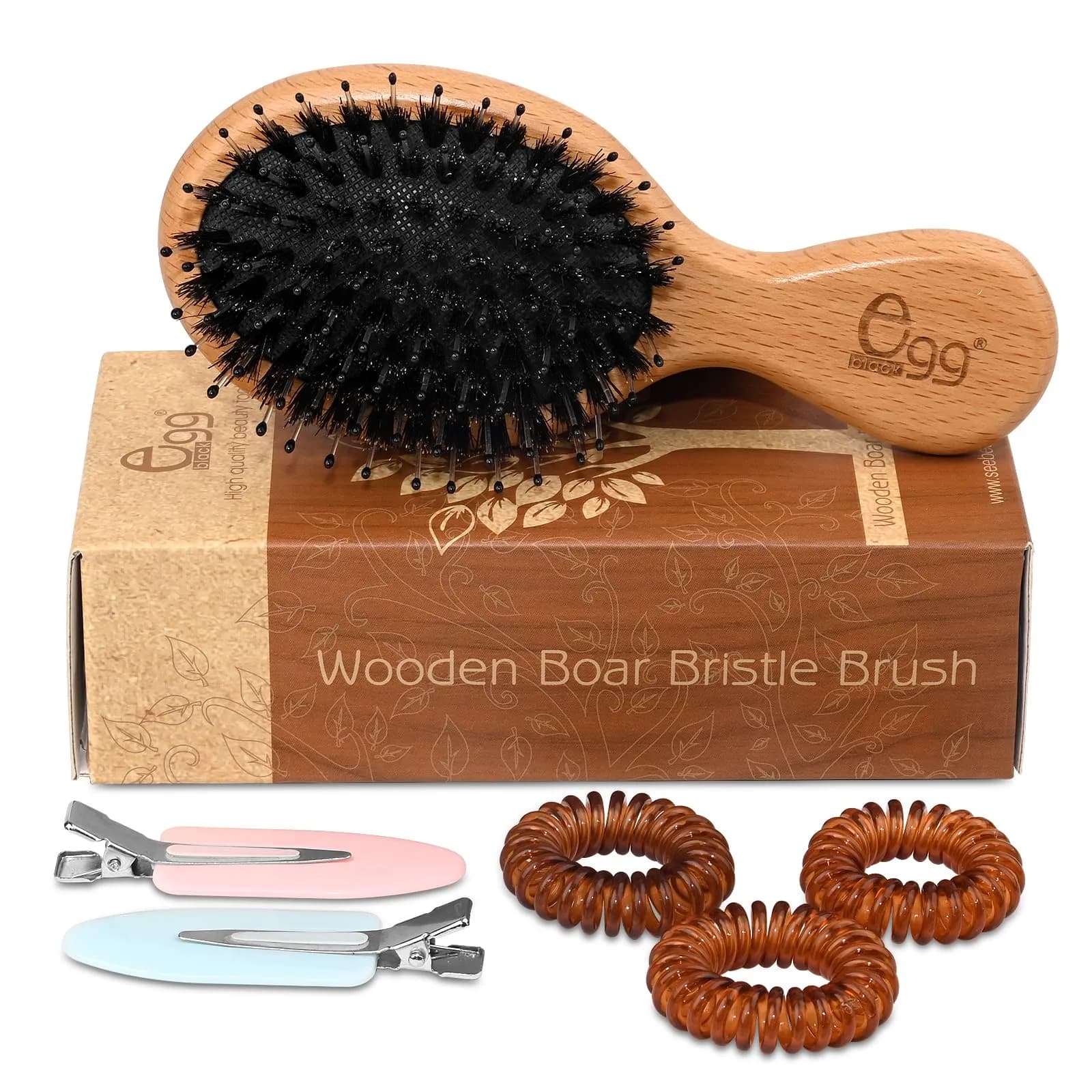 BLACK EGG Boar Bristle Brush for Wet/Dry Hair - Smoothing, Massaging, Detangling, Reduce Frizz, Restore Shine - Bamboo Brush for Women, Men, Kids — MINI BROWN