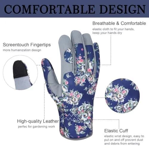 MERTURN Leather Gardening Gloves for Women Garden Gloves Thorn Proof Touch Screen Design Heavy Duty Yard Working Gloves for Planting, Digging, Pruning, L thumbnail 3