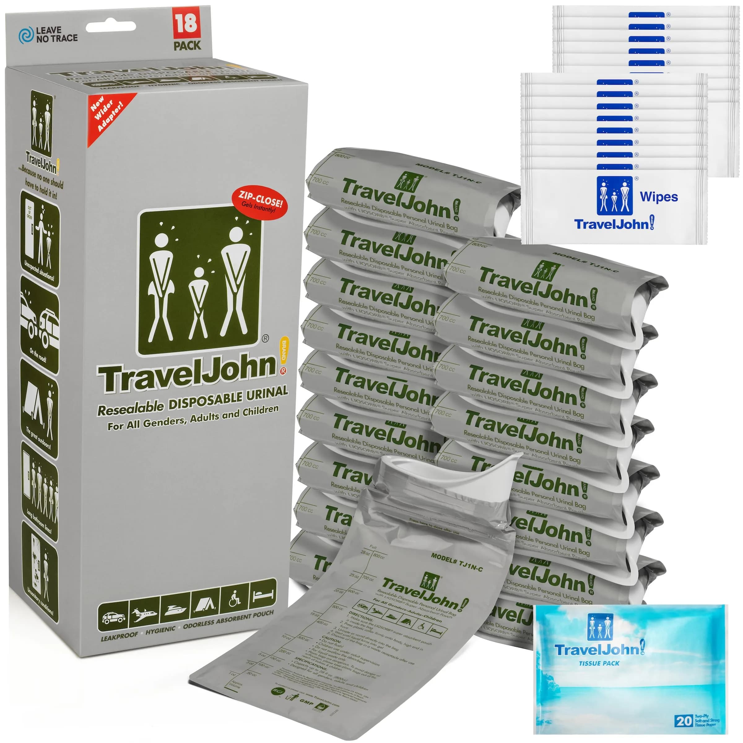 TravelJohn Resealable Disposable Urinal Bags 28oz | Odorless, Leakproof, Reusable for Travel & Camping — White