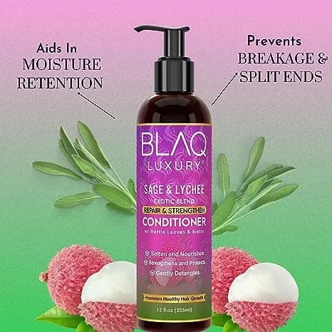 Blaq Luxury Sage and Lychee Repair & Strength Conditioner – Nourishing Biotin & Nettle Formula for Strong, Healthy Hair (12oz) thumbnail 9