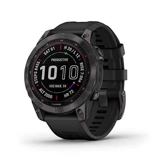 Garmin fenix 7 Solar GPS Smartwatch 47mm Slate Gray | Long-Running Solar Powered Multisport GPS Watch — Carbon Gray DLC Titanium with Black Band