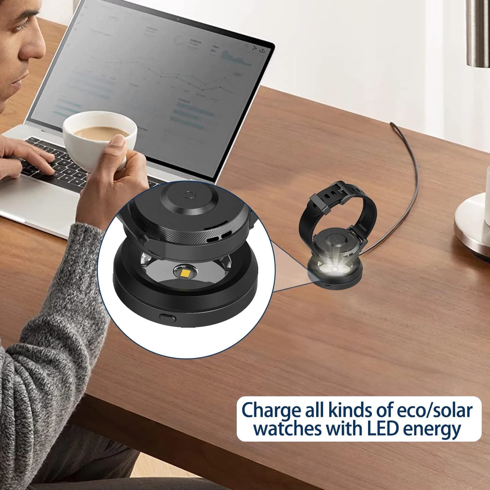 ROUNKIN Solar Watch Charger Stand Black | 1.5m USB-C Cable, 9-Hour Auto-Off - view 4