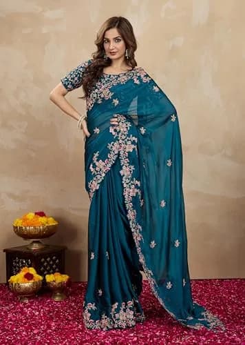 TRENDMALLS Women's Rangoli Silk Heavy Embroidered Saree-K954-Morpeach | Ethnic Wedding & Party Wear thumbnail 5