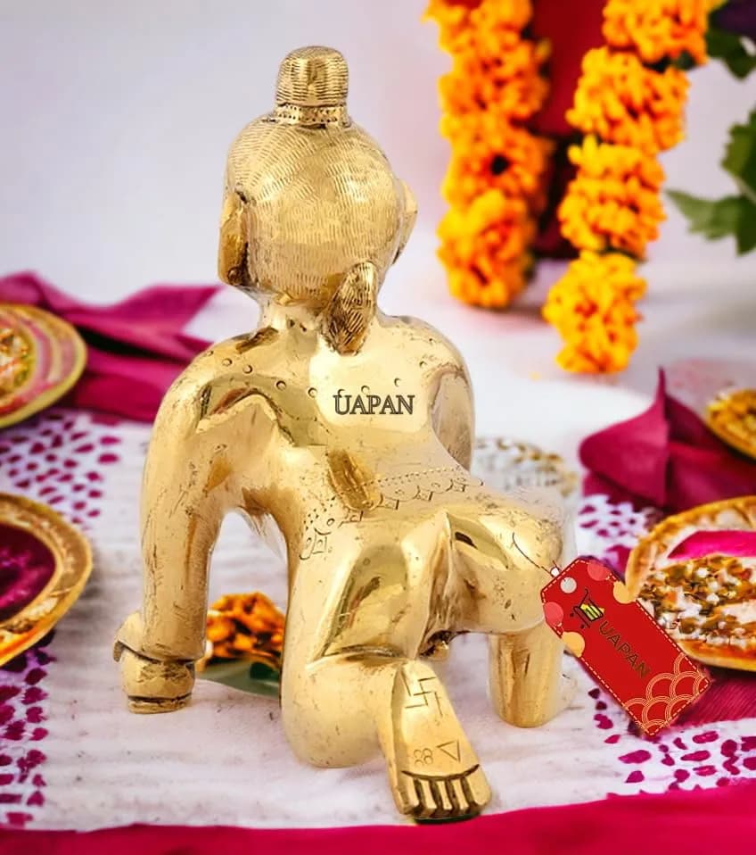 UAPAN Brass Laddu Gopal Idol 20 CM (7.87 in) 2 kg (4.4 lb) | Antique Gold Finish for Pooja Mandir thumbnail 6