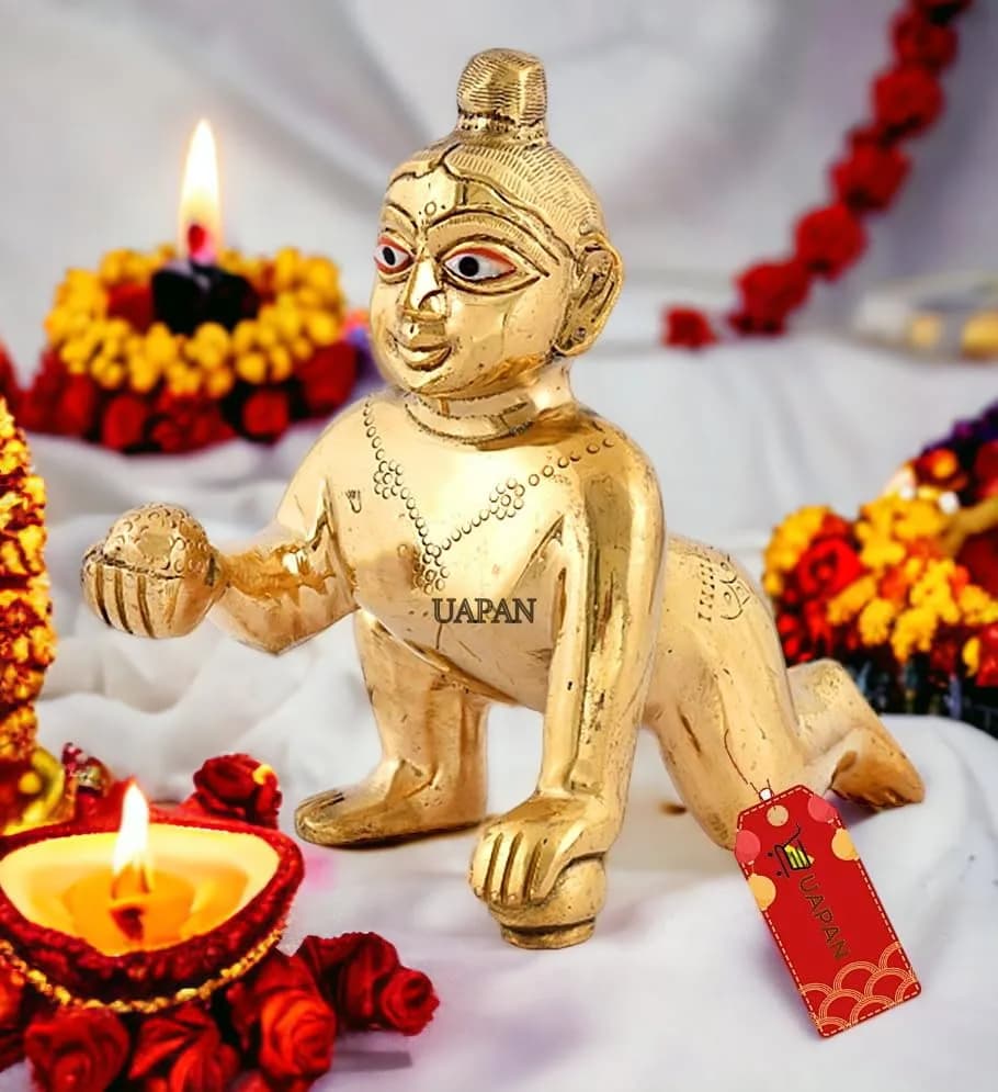 UAPAN Brass Laddu Gopal Idol 20 CM (7.87 in) 2 kg (4.4 lb) | Antique Gold Finish for Pooja Mandir thumbnail 3