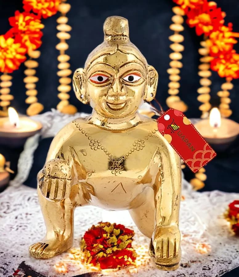 UAPAN Brass Laddu Gopal Idol 20 CM (7.87 in) 2 kg (4.4 lb) | Antique Gold Finish for Pooja Mandir thumbnail 4