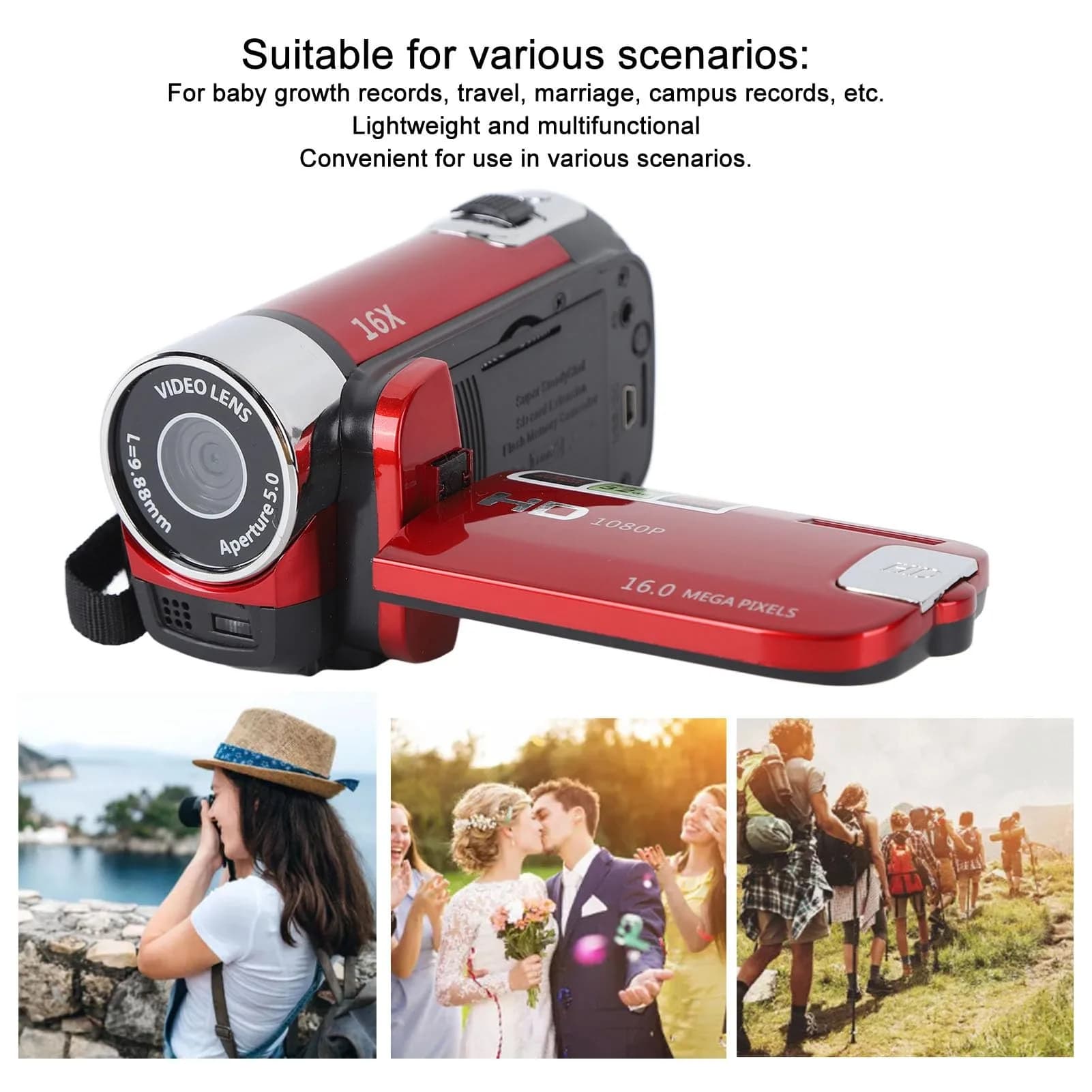 Yoidesu Red Camcorder 1080p HD Video Camera | 16MP 16X Zoom Digital Video Recorder