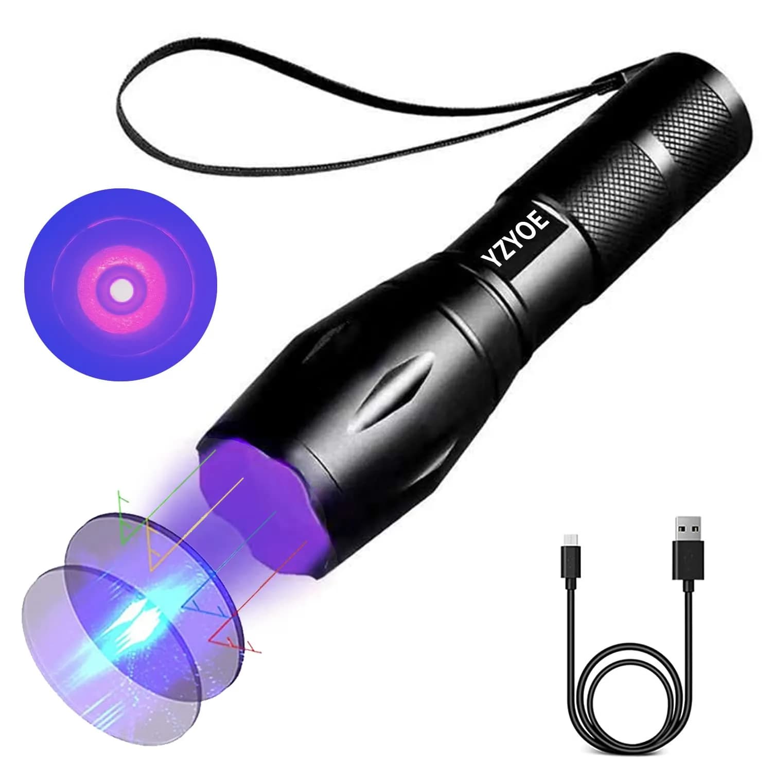 YZYOE 365nm UV Black Light Flashlight 12.5cm (4.92in) | Powerful Rechargeable Detection Lamp — Black