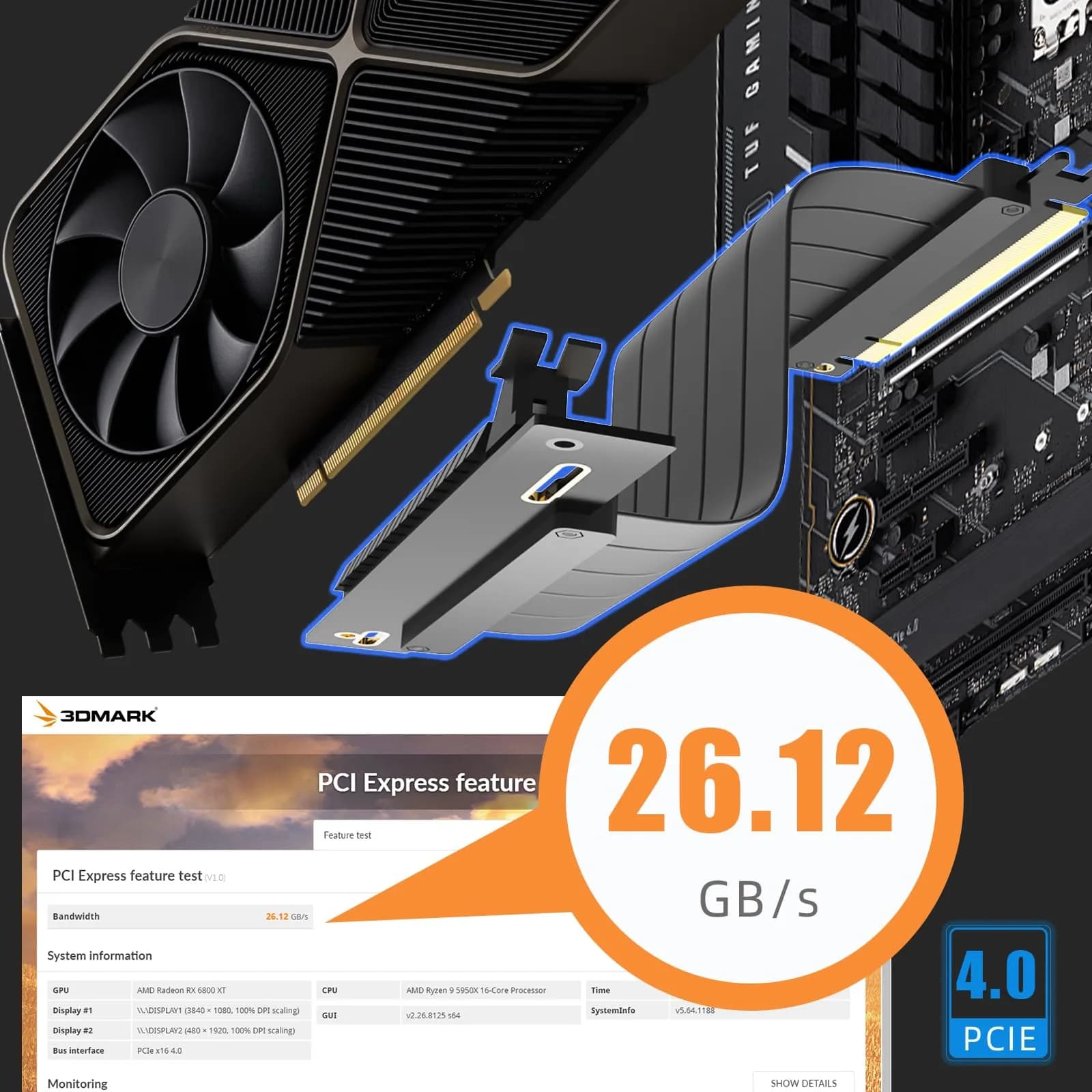 GLOTRENDS PCIe 4.0 X16 Riser Cable 100mm | 32GB/s Peak Speed for RTX 40/RX 7000 Series GPUs - view 3