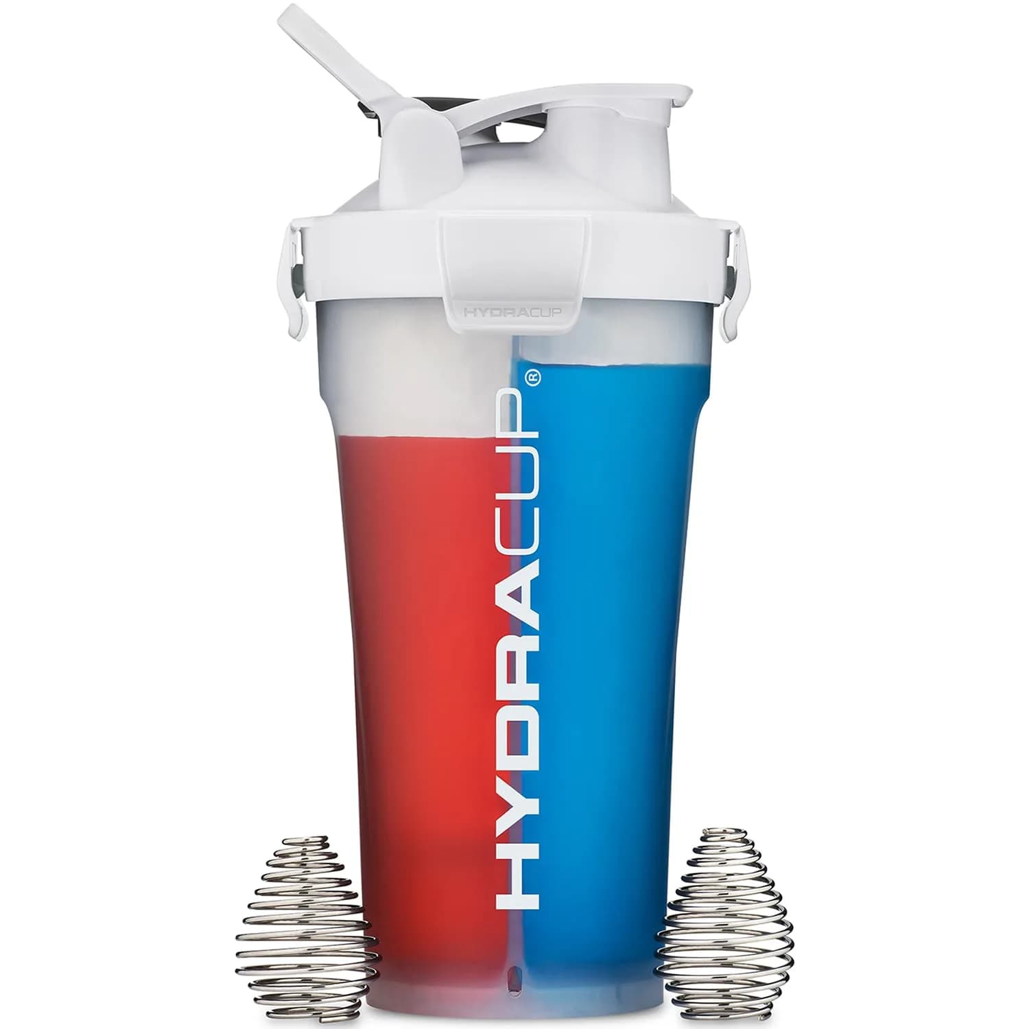 Hydra Cup DualShaker Pro 32 oz (946 ml) White Protein Shaker Bottle | Dual Mixing with Handle & Whisks — Clear