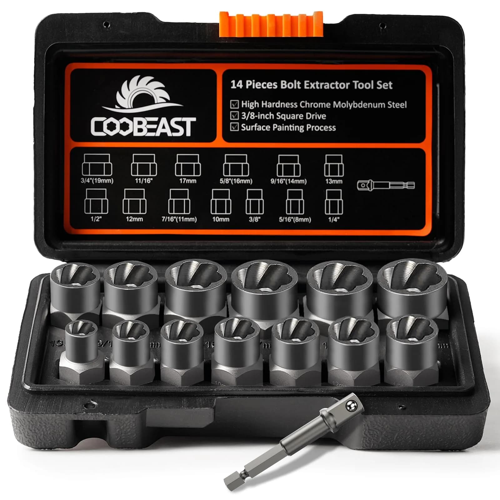 coobeast Bolt Extractor Kit 13Pcs Heavy Duty Impact & Nut Remover in Black (14 PCS) | Durable, Easy Out for Damaged Bolts