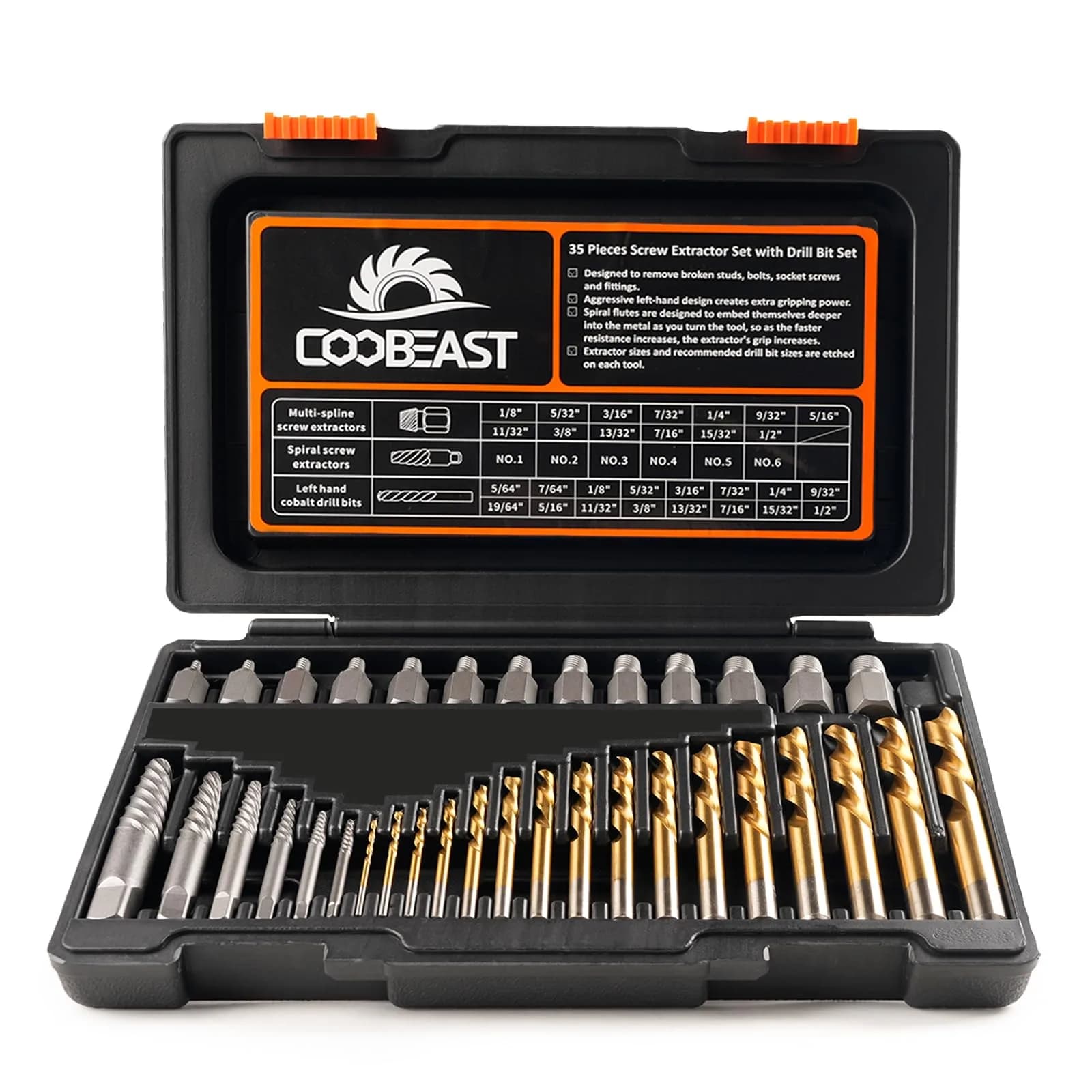 coobeast 35 Pcs Screw Extractor Set,Left Hand Drill Bits Set Screw Extractor Kit | Versatile, Sharp & Durable for Home & Mechanical Use - main product image