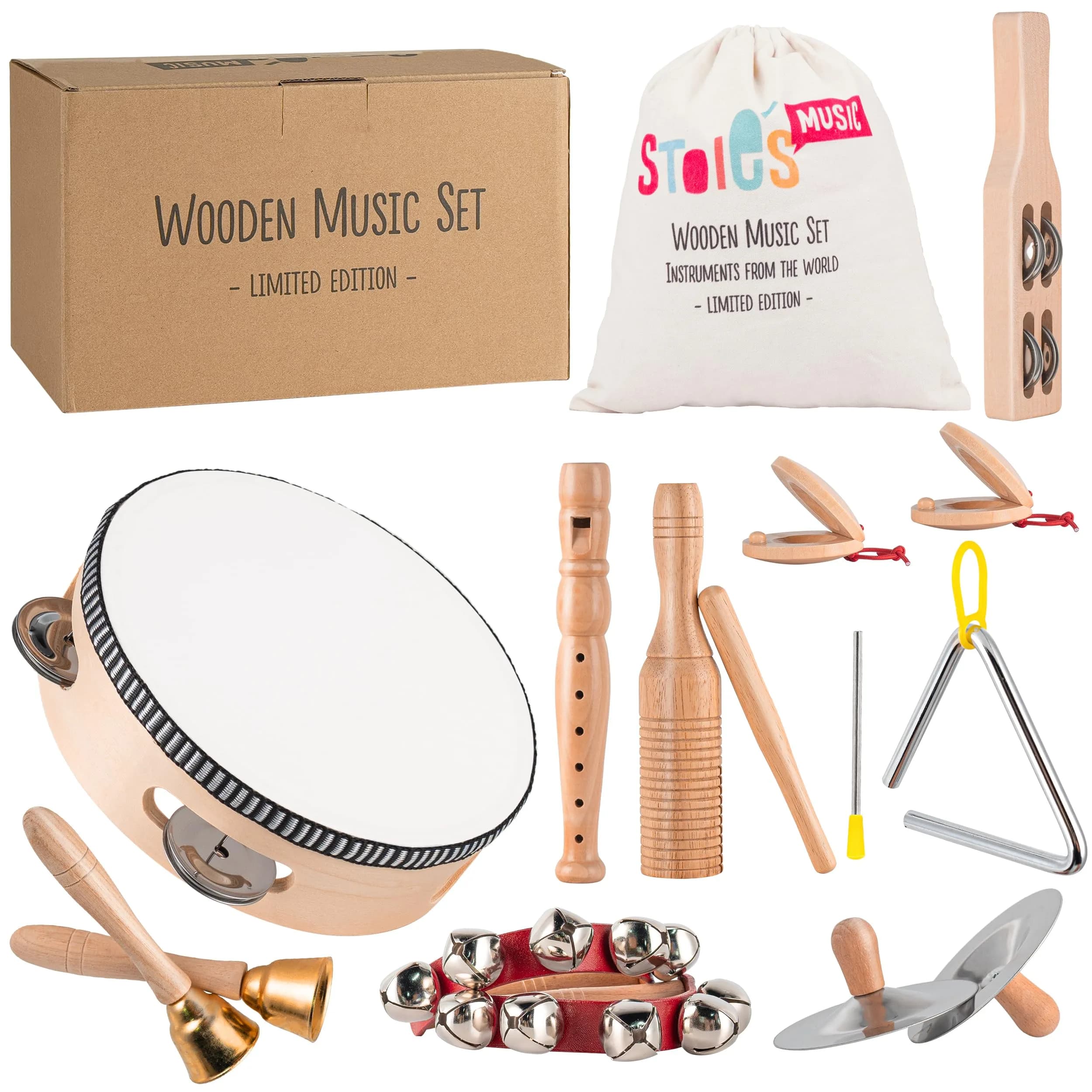 Stoie's Wooden Toddler Musical Instruments with Drum, Flute, Hand Bells, Cymbals, Castanets, Triangle | Montessori Eco Friendly Toy — 15 PCS Wooden Music Set