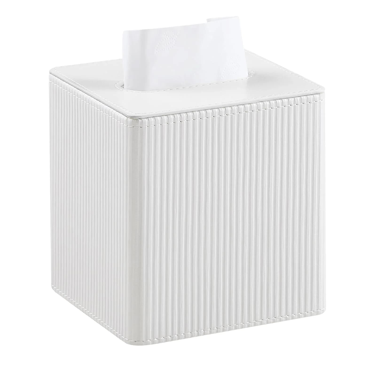Cretkhp PU Leather Square Tissue Box Cover Ivory | Modern Bedroom & Bathroom Accessory