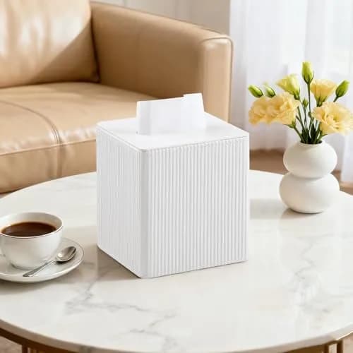 Cretkhp PU Leather Square Tissue Box Cover Ivory | Modern Bedroom & Bathroom Accessory thumbnail 2