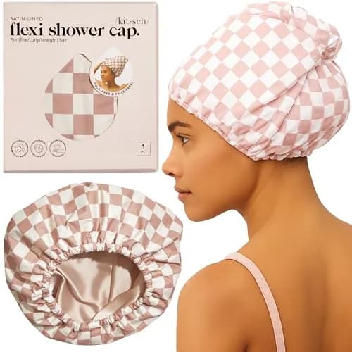 Kitsch Luxury Satin-Lined Flexi Shower Cap for Women - Terracotta Checker | Adjustable Fit for All Hair Types thumbnail 1