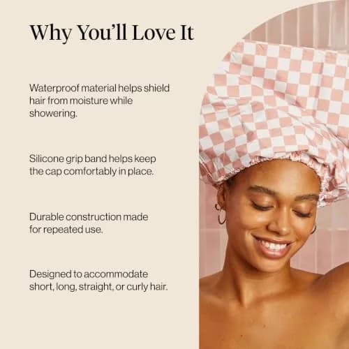 Kitsch Luxury Satin-Lined Flexi Shower Cap for Women - Terracotta Checker | Adjustable Fit for All Hair Types thumbnail 5