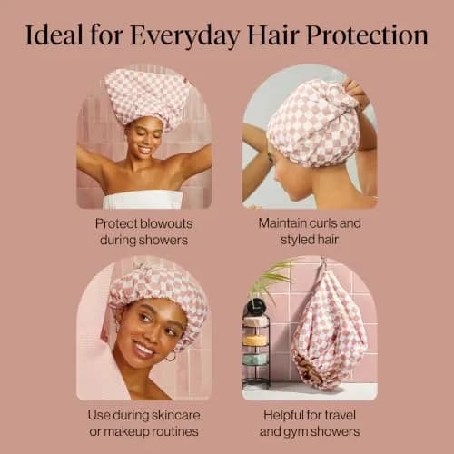 Kitsch Luxury Satin-Lined Flexi Shower Cap for Women - Terracotta Checker | Adjustable Fit for All Hair Types thumbnail 6