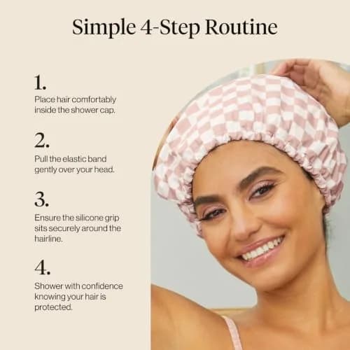 Kitsch Luxury Satin-Lined Flexi Shower Cap for Women - Terracotta Checker | Adjustable Fit for All Hair Types thumbnail 7