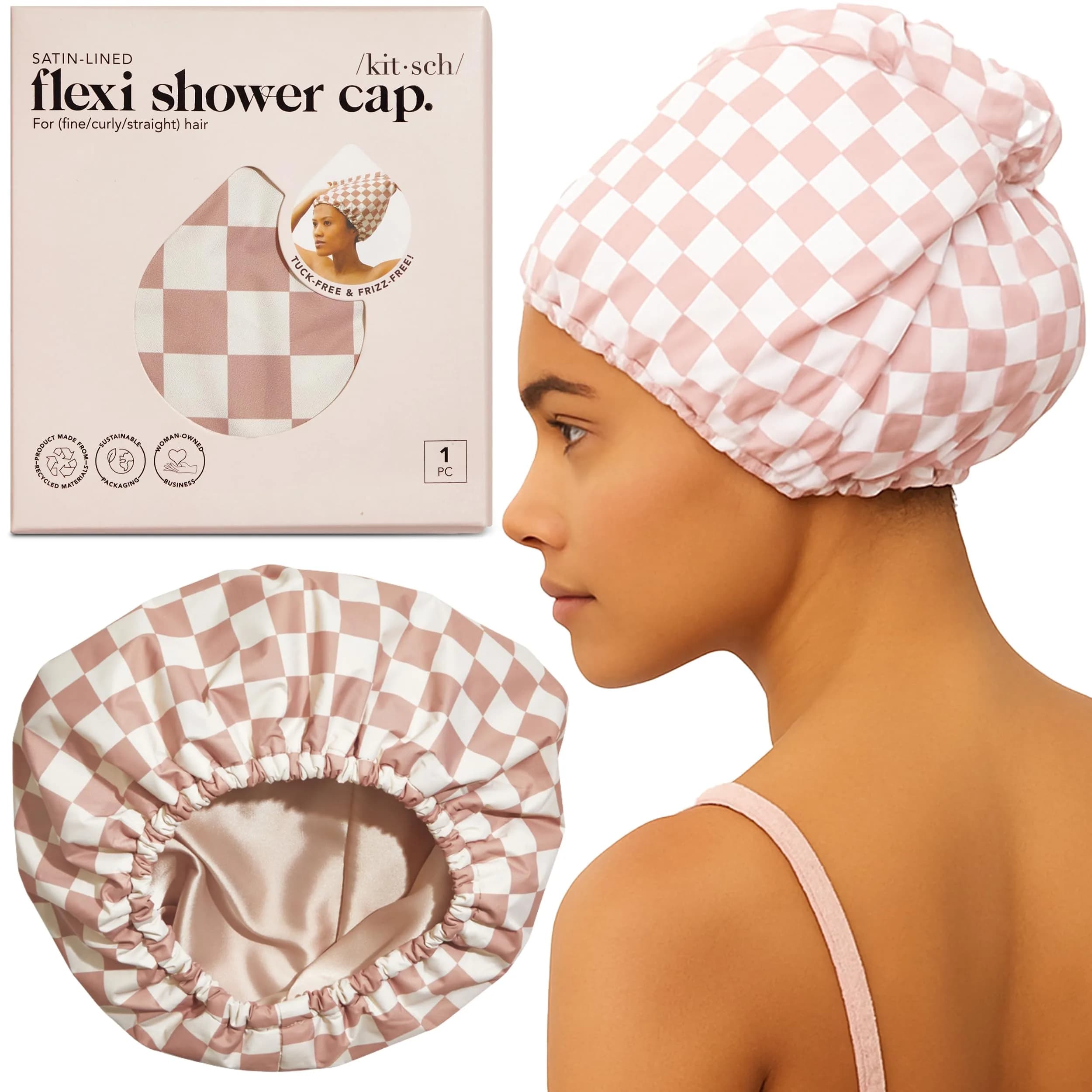 Kitsch Luxury Large Shower Cap for Women - Palm Leaves | Reusable Waterproof Hair Protection — Terracotta Checker