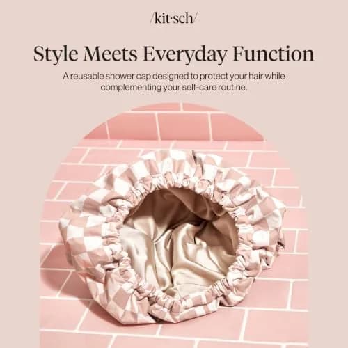 Kitsch Luxury Satin-Lined Flexi Shower Cap for Women - Terracotta Checker | Adjustable Fit for All Hair Types thumbnail 8
