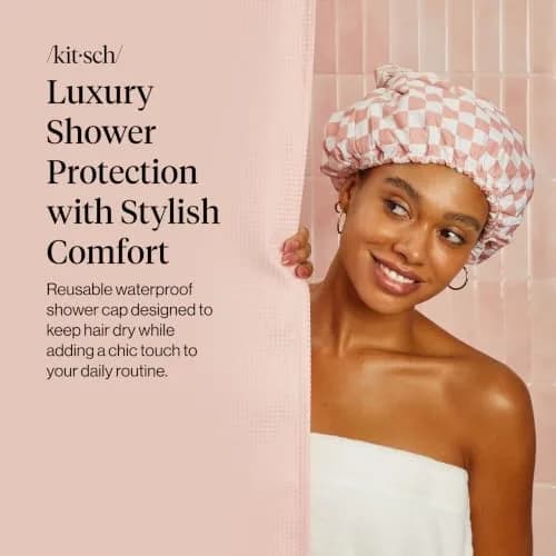 Kitsch Luxury Satin-Lined Flexi Shower Cap for Women - Terracotta Checker | Adjustable Fit for All Hair Types thumbnail 2