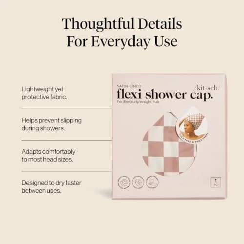 Kitsch Luxury Satin-Lined Flexi Shower Cap for Women - Terracotta Checker | Adjustable Fit for All Hair Types thumbnail 3