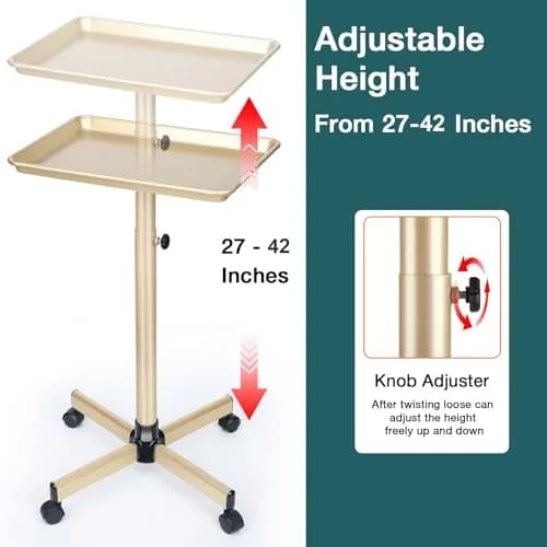 Findabetter Salon Rolling Tray Champagne Gold Adjustable Height 71-104 cm (28-41 in) | Professional Beauty & Tattoo Cart thumbnail 4