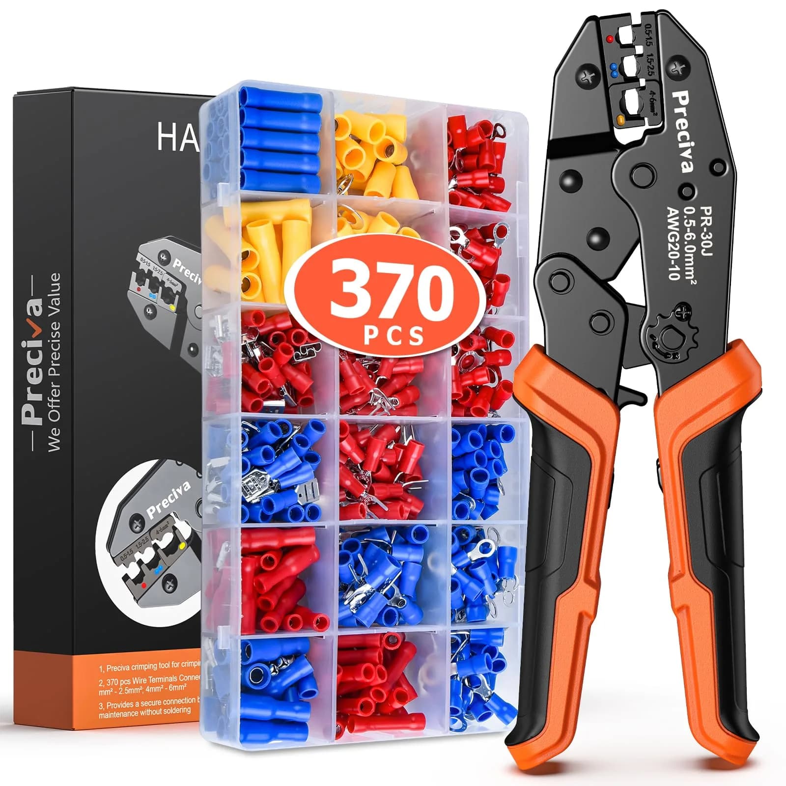 Preciva Ratcheting Crimping Tool Kit AWG20-10 with 370PCS Insulated Connectors | Ergonomic Handle & Color-Coded Jaws - main product image