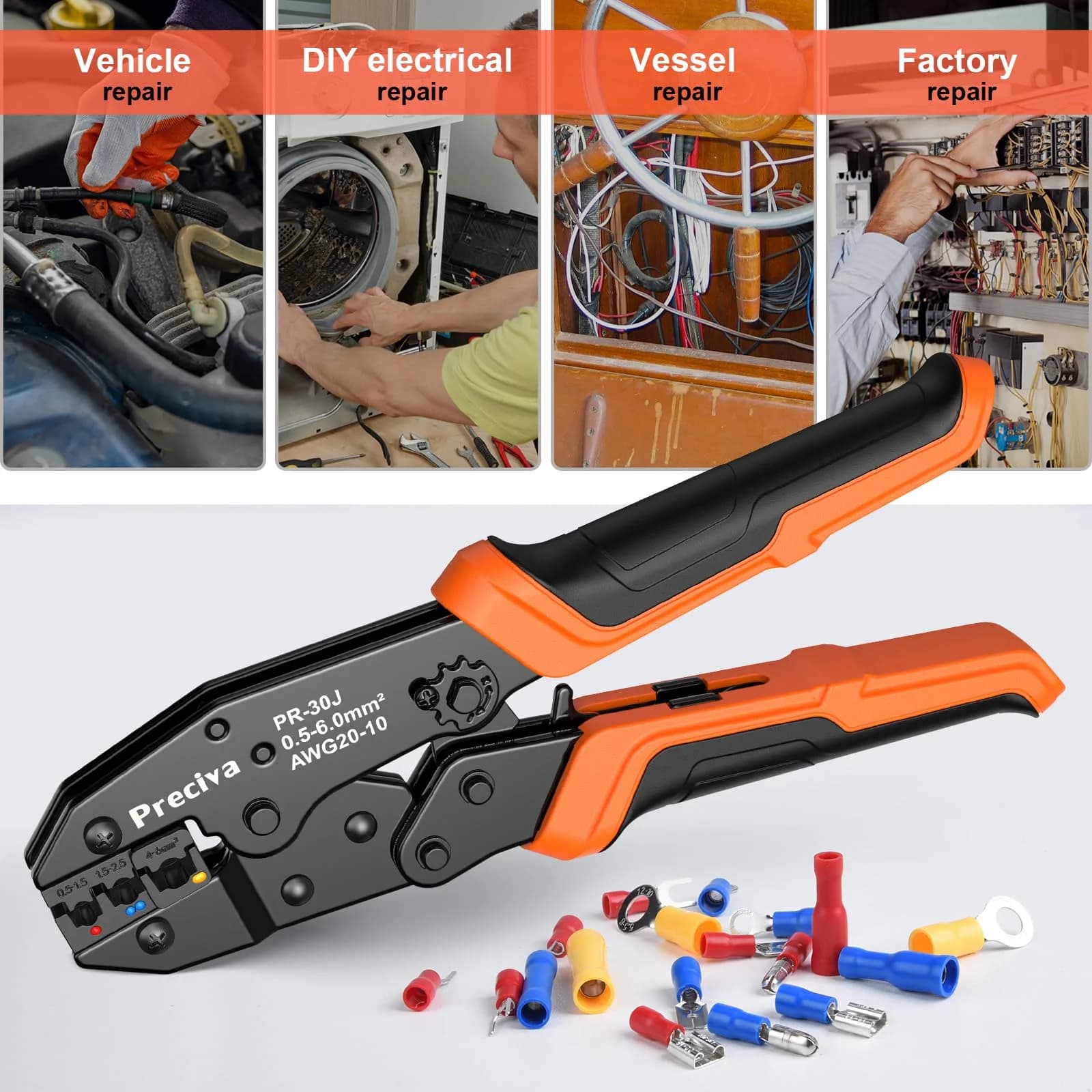 Preciva Ratcheting Crimping Tool Kit AWG20-10 with 370PCS Insulated Connectors | Ergonomic Handle & Color-Coded Jaws - view 6