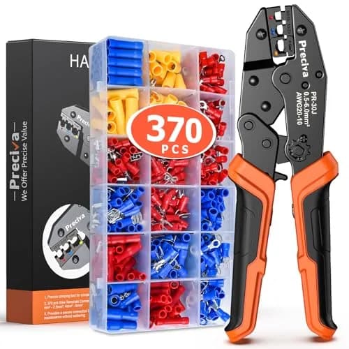 Preciva Ratcheting Crimping Tool Kit AWG20-10 with 370PCS Insulated Connectors | Ergonomic Handle & Color-Coded Jaws thumbnail 1