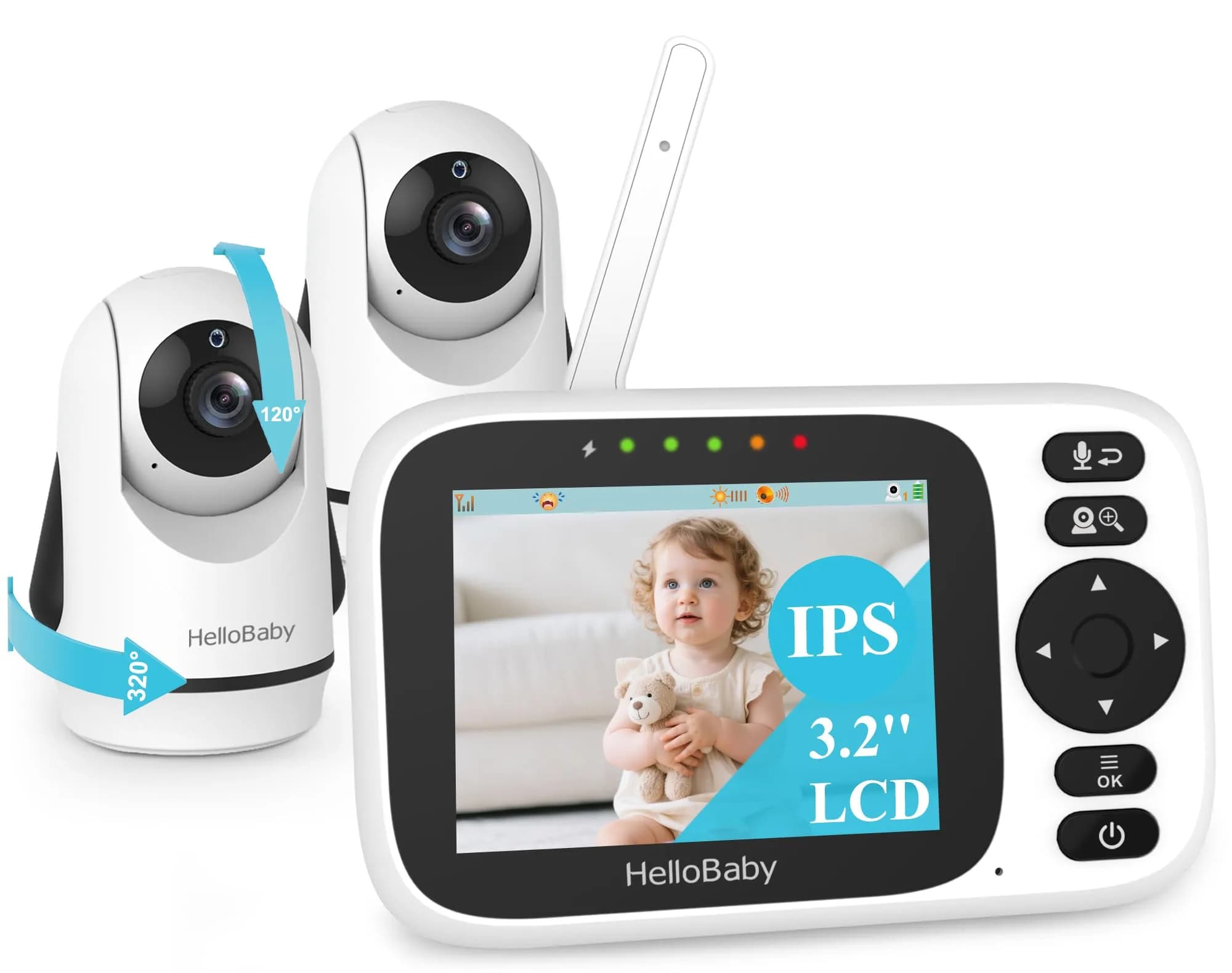 HelloBaby Baby Monitor 2 Cameras No WiFi with 3.2 Inch Screen | Remote PTZ, 1000ft Range, 2-Way Talk - main product image